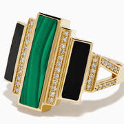 14K Yellow Gold Malachite, Onyx and Diamond Art Deco Geometric Ring