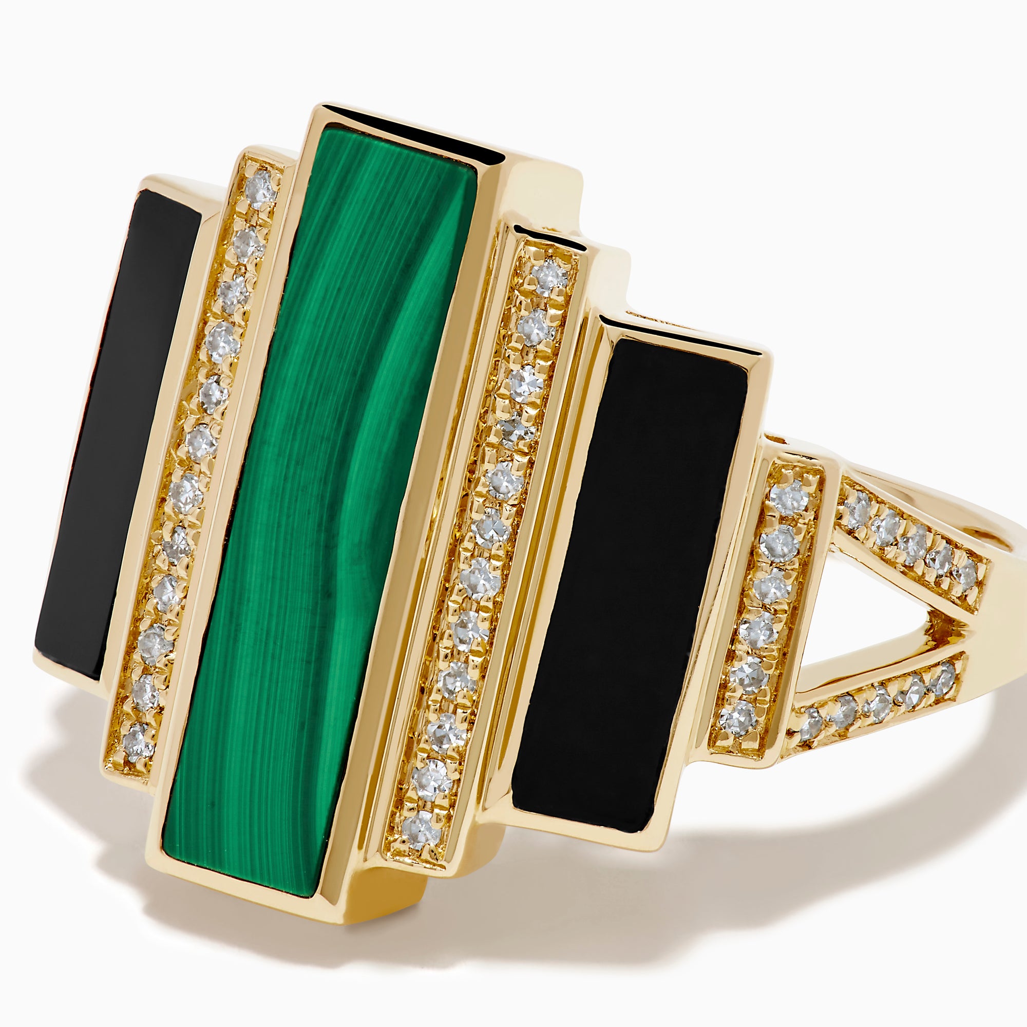14K Yellow Gold Malachite, Onyx and Diamond Art Deco Geometric Ring