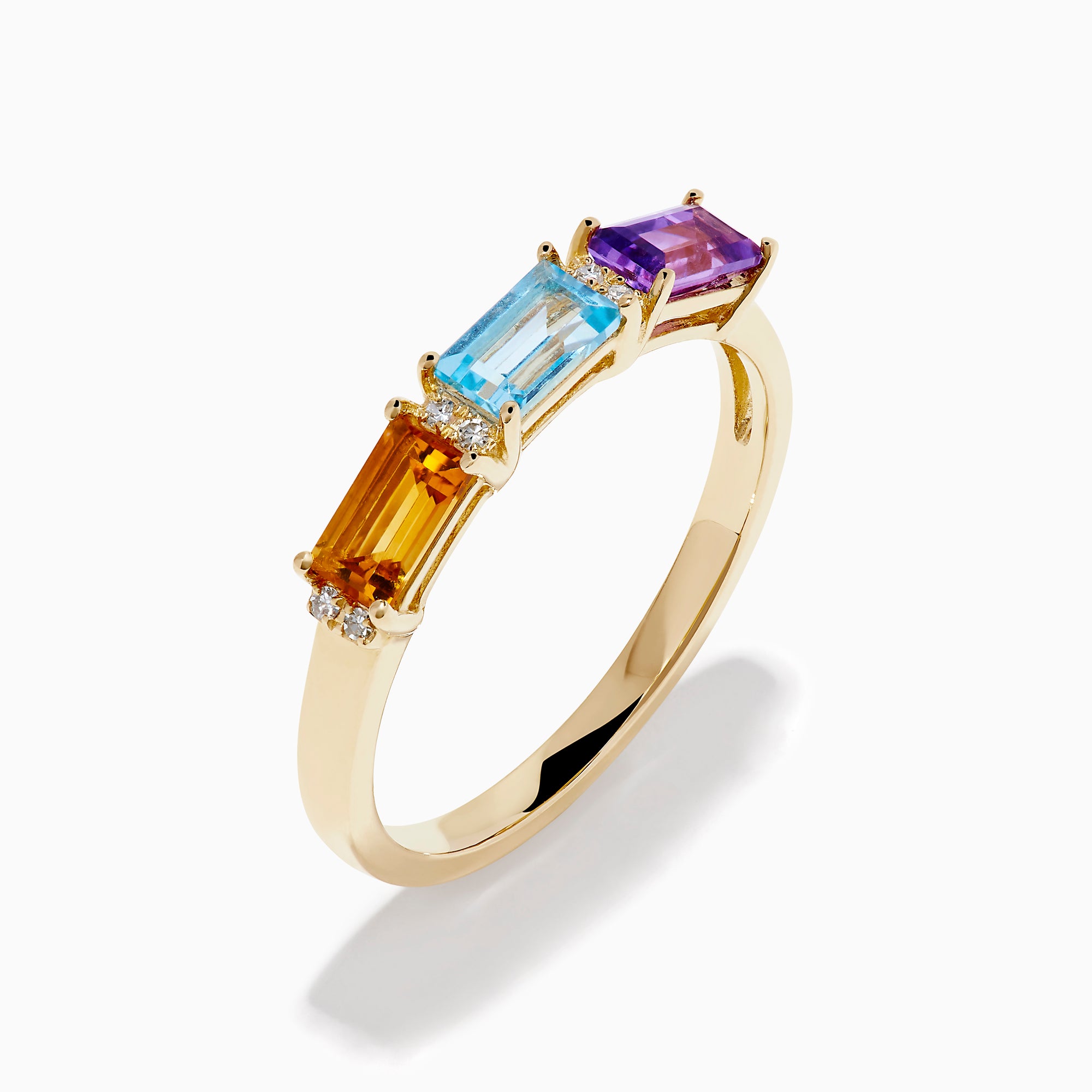 14K Yellow Gold Citrine, Topaz, Amethyst and Diamond 3-Stone Baguette Ring