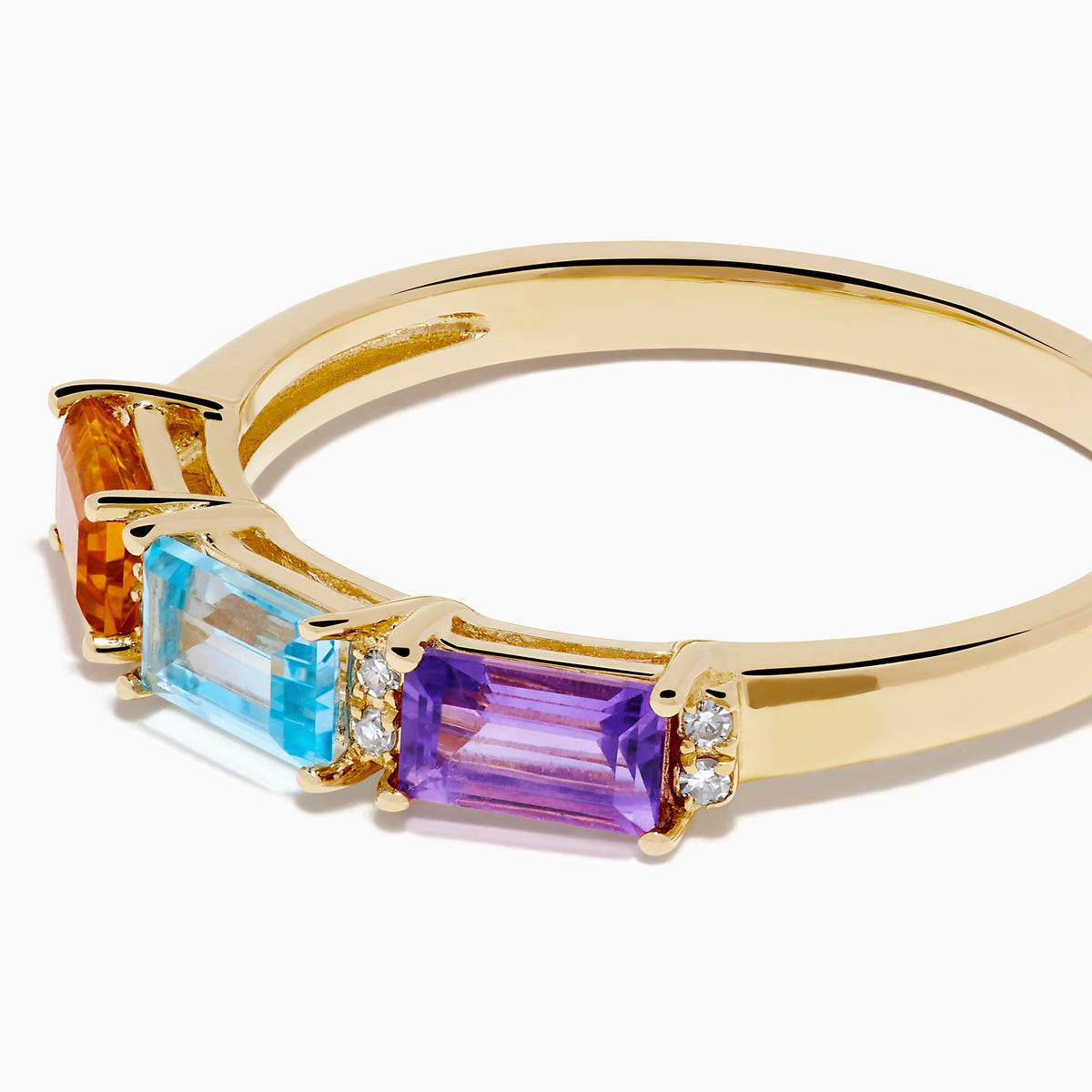 14K Yellow Gold Citrine, Topaz, Amethyst and Diamond 3-Stone Baguette Ring