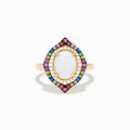 The 14K Yellow Gold Opal, Multi Gemstone and Diamond Ring showcases an oval opal center with dual halos of white diamonds and multicolored gems in a marquise-shaped design on a white background.