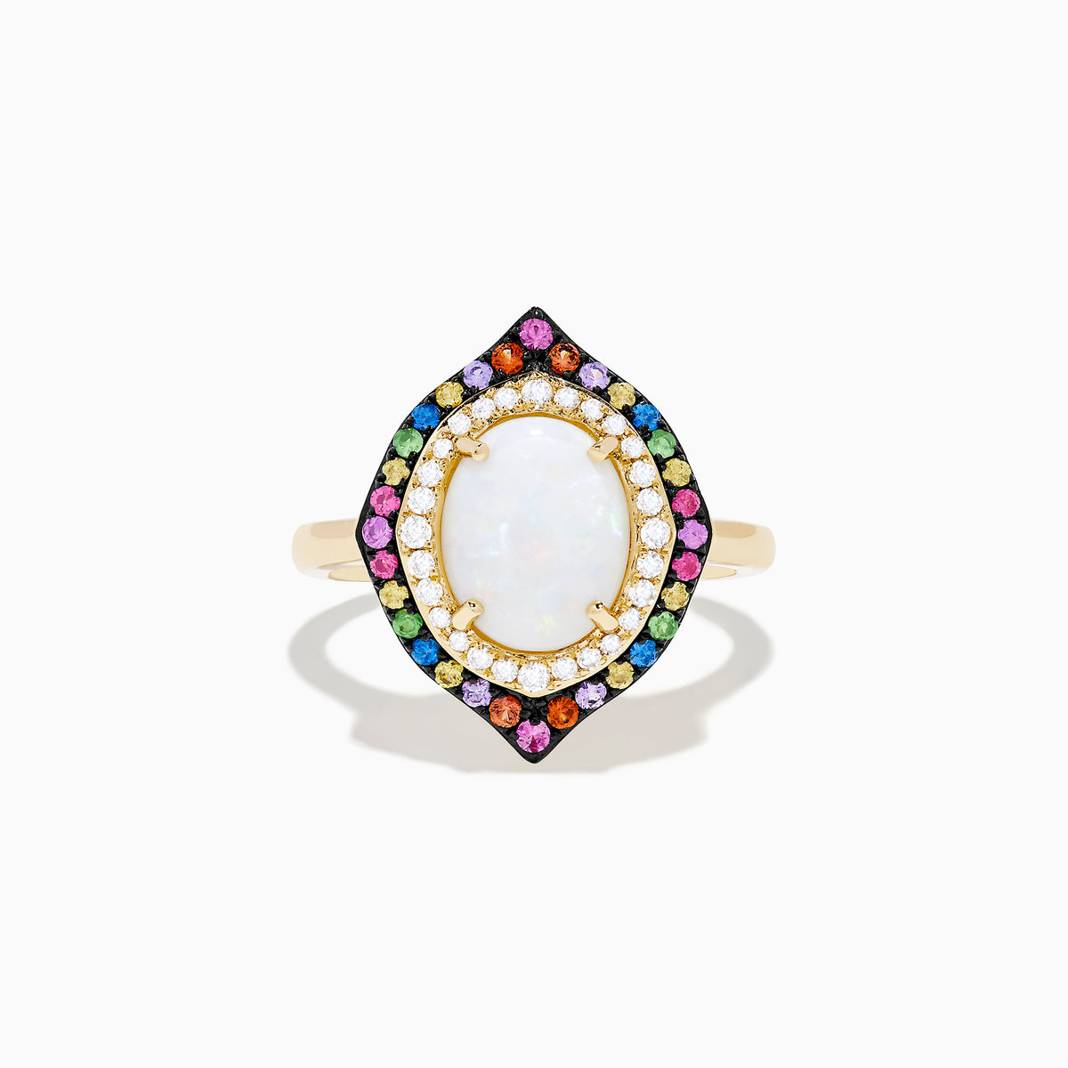 The 14K Yellow Gold Opal, Multi Gemstone and Diamond Ring showcases an oval opal center with dual halos of white diamonds and multicolored gems in a marquise-shaped design on a white background.