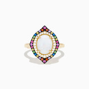 The 14K Yellow Gold Opal, Multi Gemstone and Diamond Ring showcases an oval opal center with dual halos of white diamonds and multicolored gems in a marquise-shaped design on a white background.