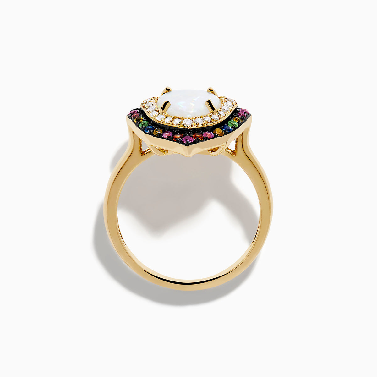 The 14K Yellow Gold Opal, Multi Gemstone and Diamond Ring showcases an oval opal center with dual halos of white diamonds and multicolored gems in a marquise-shaped design on a white background.