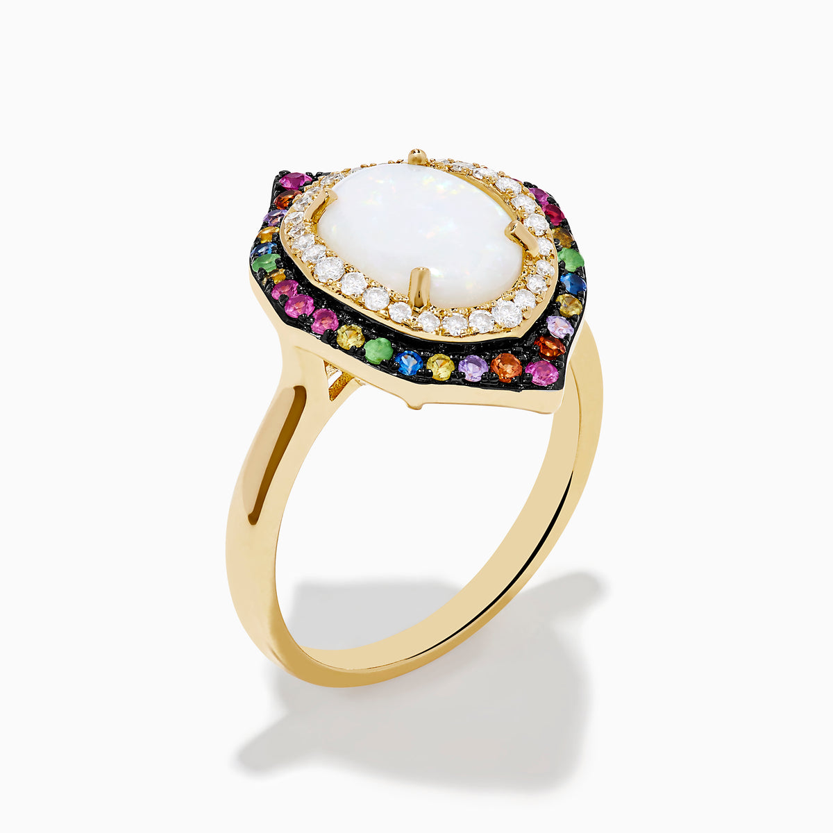 The 14K Yellow Gold Opal, Multi Gemstone and Diamond Ring showcases an oval opal center with dual halos of white diamonds and multicolored gems in a marquise-shaped design on a white background.