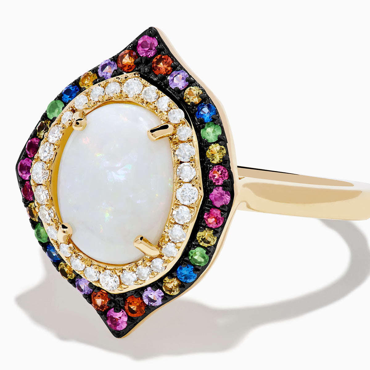 The 14K Yellow Gold Opal, Multi Gemstone and Diamond Ring showcases an oval opal center with dual halos of white diamonds and multicolored gems in a marquise-shaped design on a white background.