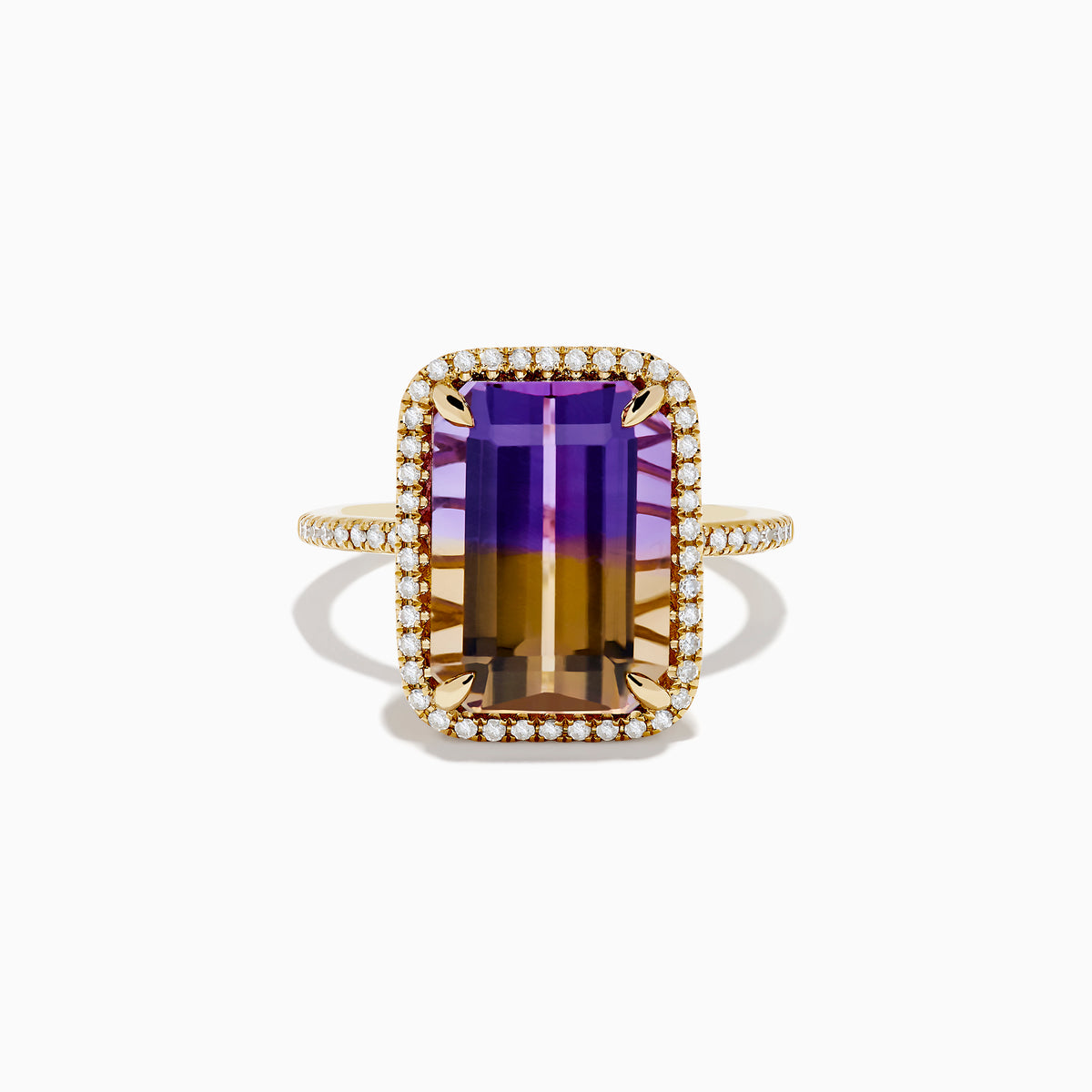 The 14K Yellow Gold Ametrine and Diamond Ring features a large rectangular ametrine gemstone in purple and amber tones, accented with small white diamonds on the setting and band, shown against a white background.