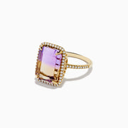 The 14K Yellow Gold Ametrine and Diamond Ring features a large rectangular ametrine gemstone in purple and amber tones, accented with small white diamonds on the setting and band, shown against a white background.