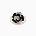 The Eclipse 14K Yellow Gold Onyx and Diamond Flower Ring showcases black onyx enamel petals and white diamonds at the center and on select petals, displayed on a plain white background.