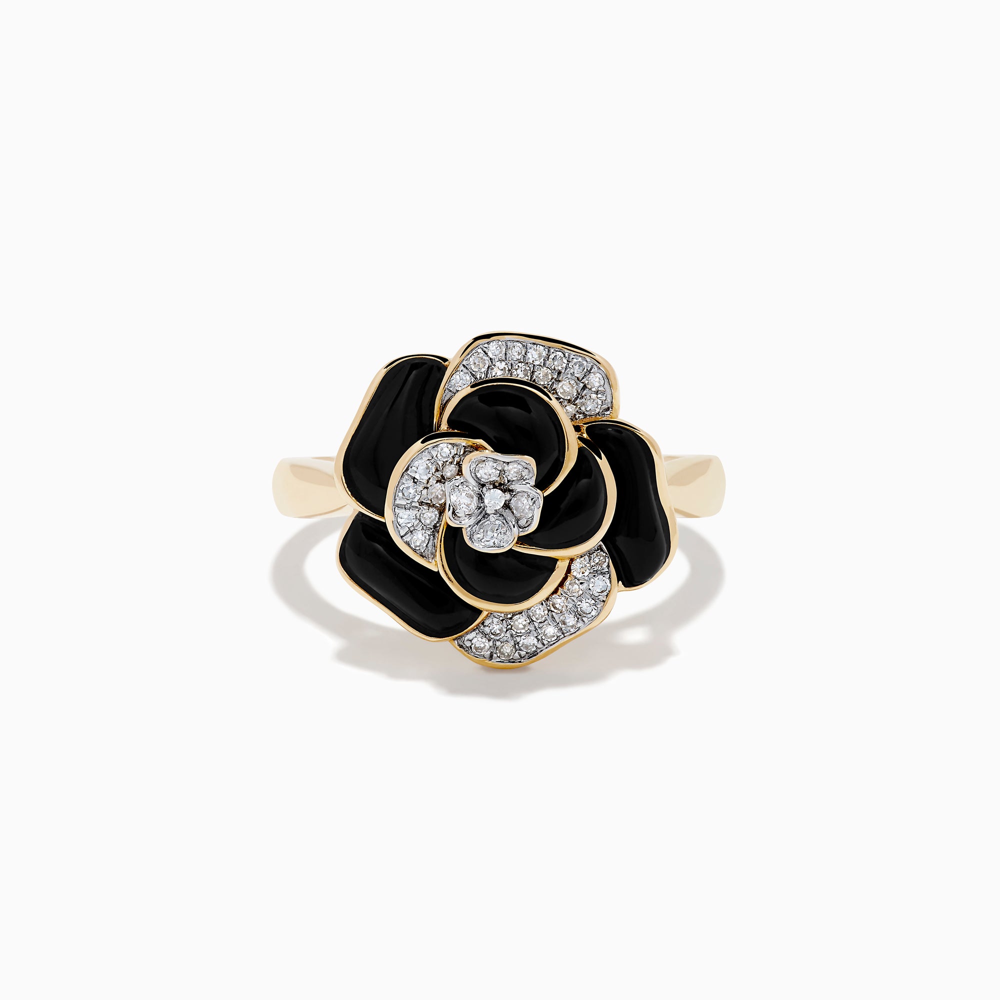 The Eclipse 14K Yellow Gold Onyx and Diamond Flower Ring showcases black onyx enamel petals and white diamonds at the center and on select petals, displayed on a plain white background.