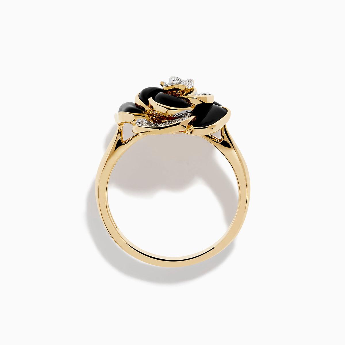 The Eclipse 14K Yellow Gold Onyx and Diamond Flower Ring showcases black onyx enamel petals and white diamonds at the center and on select petals, displayed on a plain white background.