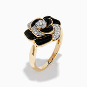 The Eclipse 14K Yellow Gold Onyx and Diamond Flower Ring showcases black onyx enamel petals and white diamonds at the center and on select petals, displayed on a plain white background.