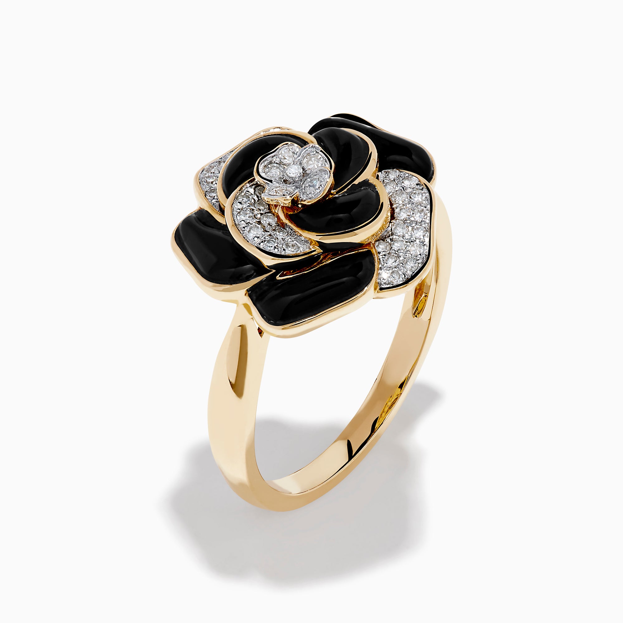 The Eclipse 14K Yellow Gold Onyx and Diamond Flower Ring showcases black onyx enamel petals and white diamonds at the center and on select petals, displayed on a plain white background.