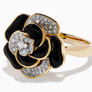 The Eclipse 14K Yellow Gold Onyx and Diamond Flower Ring showcases black onyx enamel petals and white diamonds at the center and on select petals, displayed on a plain white background.