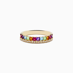 The Mosaic 14K Yellow Gold Multi Stone and Diamond Ring features a row of vibrant square gemstones in purple, yellow, green, blue, pink, and red set above a sparkling line of white diamonds.