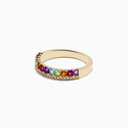 The Mosaic 14K Yellow Gold Multi Stone and Diamond Ring features square-cut multicolored gemstones in a row above a band of small diamonds, all set in yellow gold and shown on a white background.