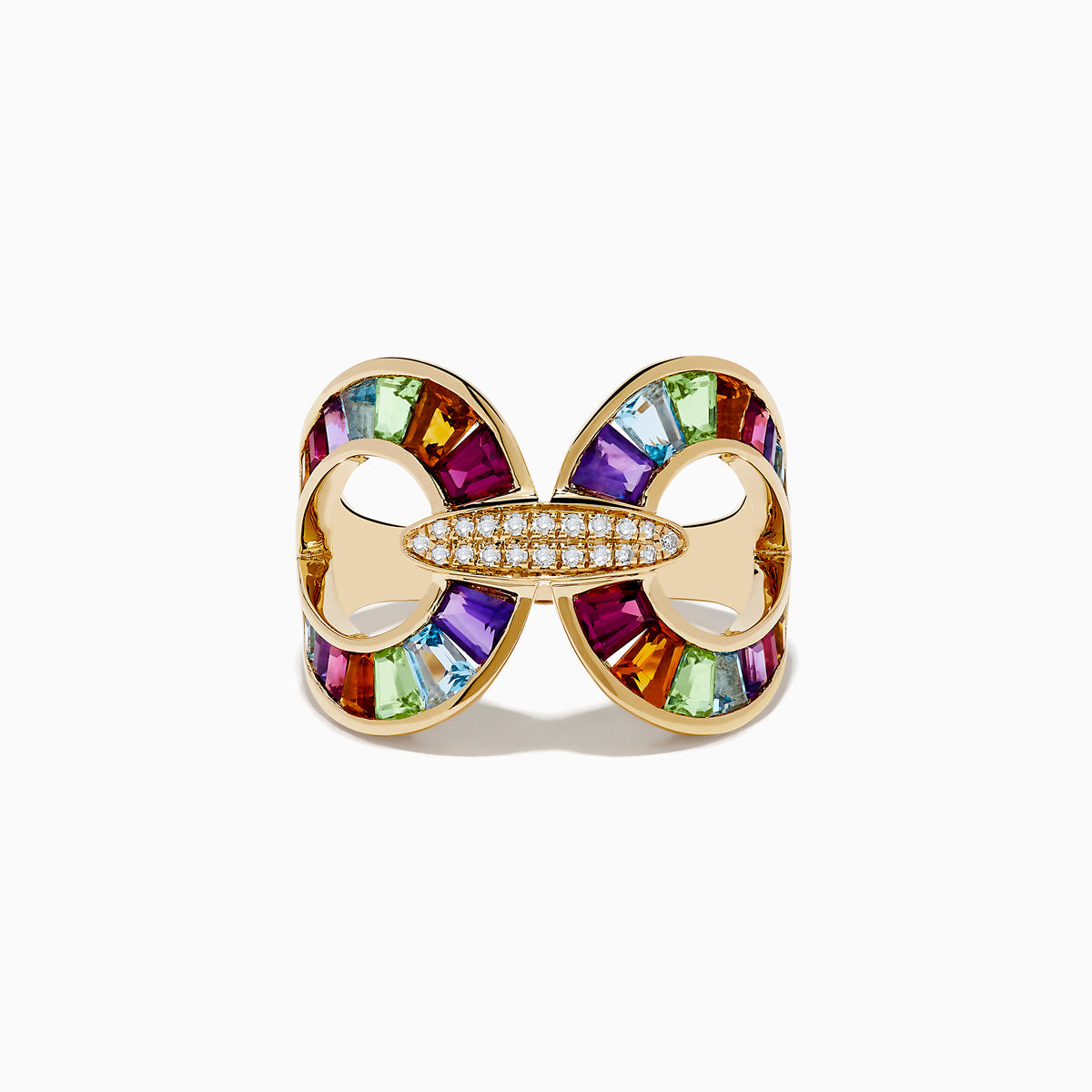 The Mosaic 14K Yellow Gold Semi Precious and Diamond Ring features curved cutouts, vibrant rectangular gemstones around the edges, and a central oval area encrusted with small clear diamonds.