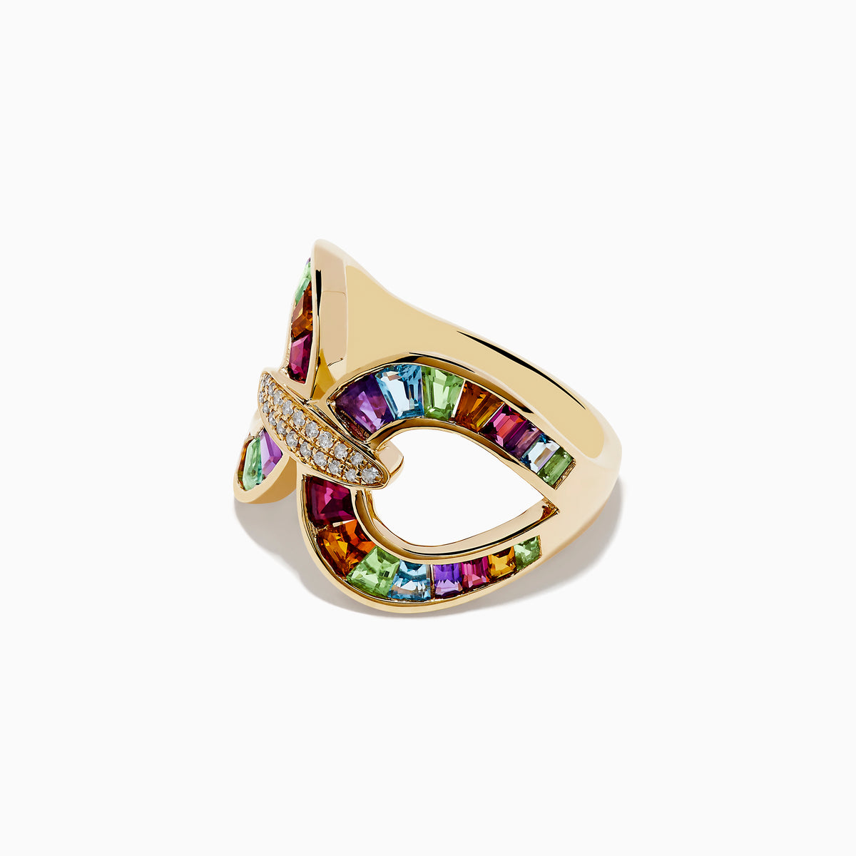 The Mosaic 14K Yellow Gold Semi Precious and Diamond Ring features curved cutouts, vibrant rectangular gemstones around the edges, and a central oval area encrusted with small clear diamonds.