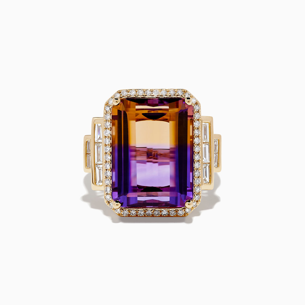 The 14K Yellow Gold Ametrine and Diamond Ring features a large rectangular ametrine with amber and purple hues, accented by small diamonds and geometric diamond details on the band, all set against a white background.