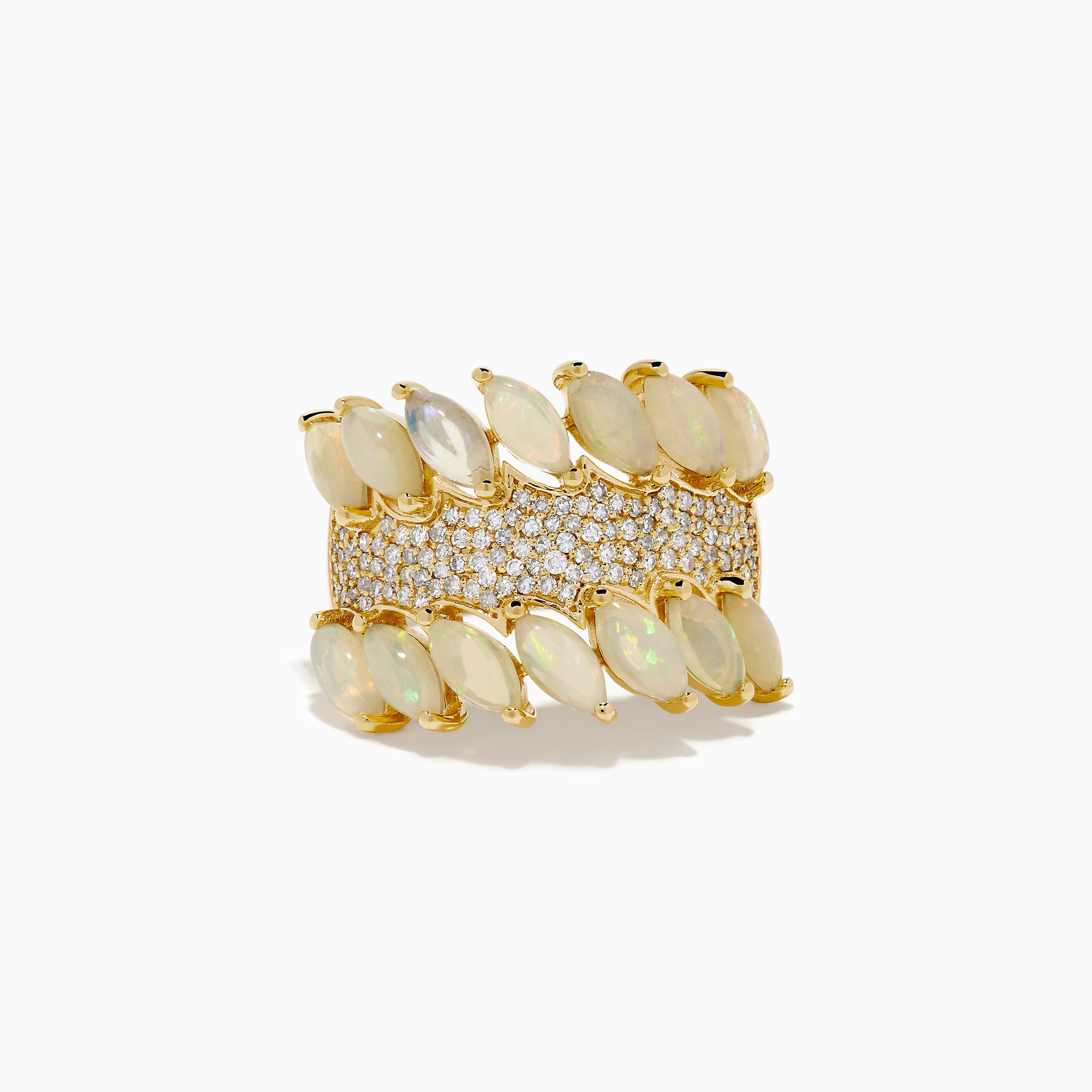 The 14K Yellow Gold Opal and Diamond Wide Band Ring features two marquise-cut opal rows framing a diamond-encrusted center, creating a dazzling, sophisticated look from every angle.