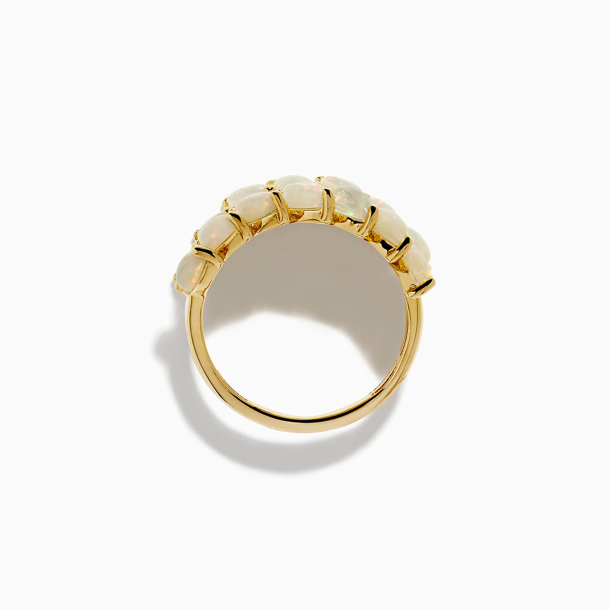 The 14K Yellow Gold Opal and Diamond Wide Band Ring features two marquise-cut opal rows framing a diamond-encrusted center, creating a dazzling, sophisticated look from every angle.