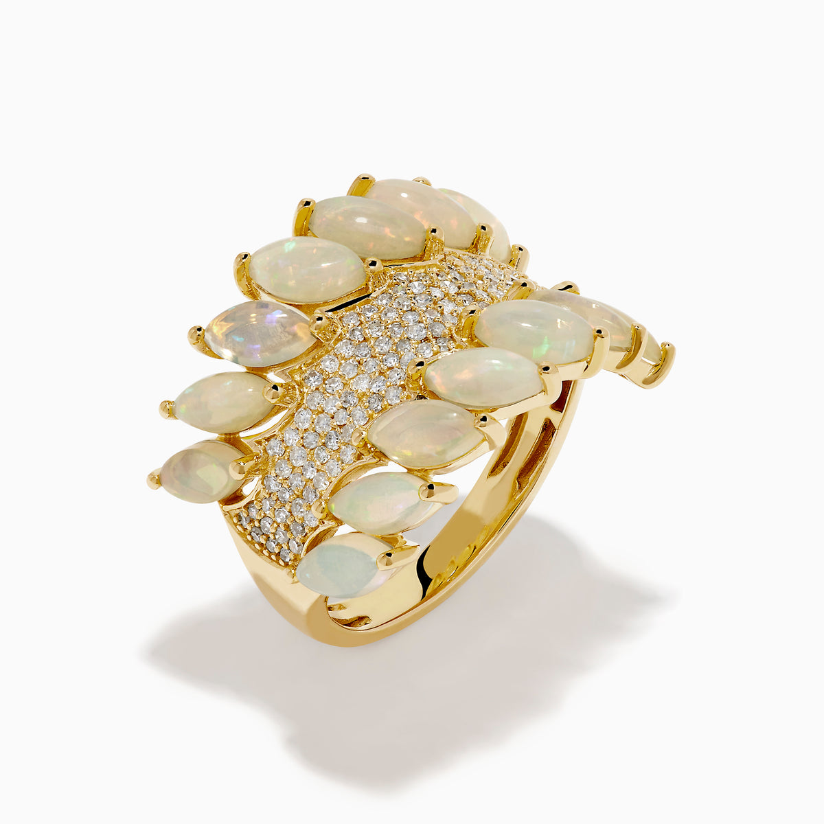 The 14K Yellow Gold Opal and Diamond Wide Band Ring features two marquise-cut opal rows framing a diamond-encrusted center, creating a dazzling, sophisticated look from every angle.