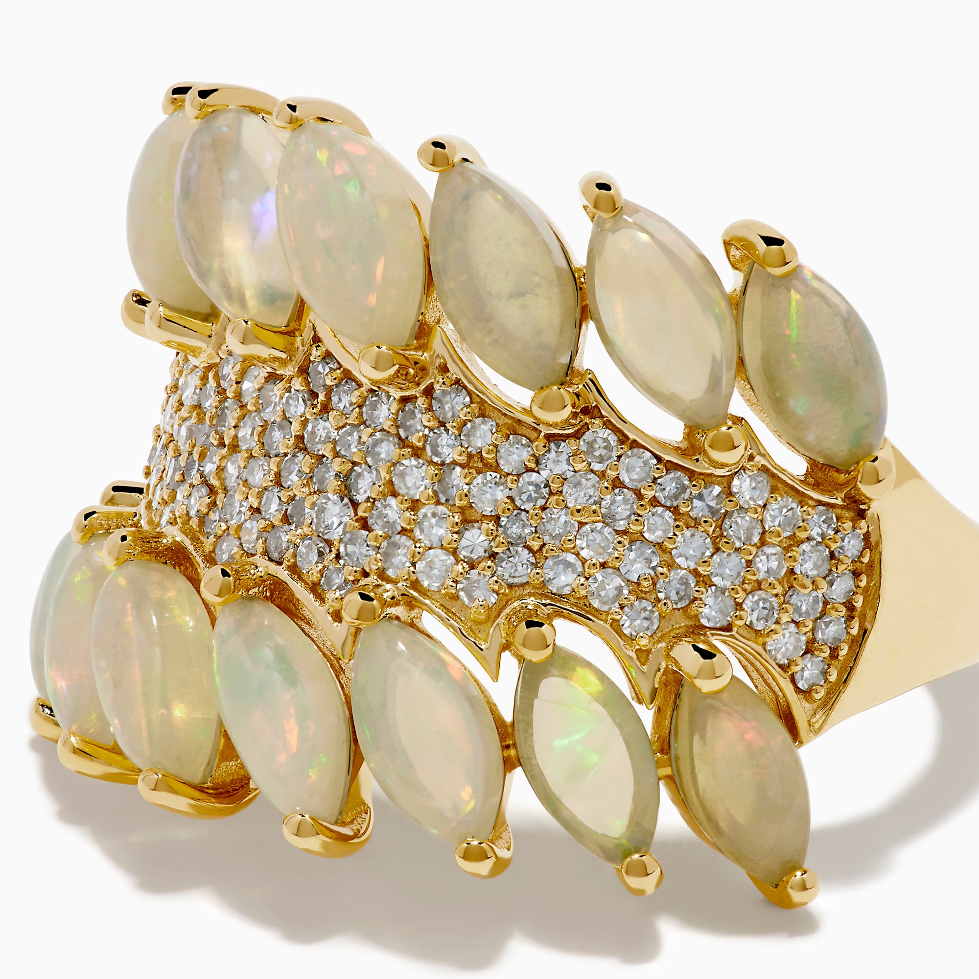The 14K Yellow Gold Opal and Diamond Wide Band Ring features two marquise-cut opal rows framing a diamond-encrusted center, creating a dazzling, sophisticated look from every angle.