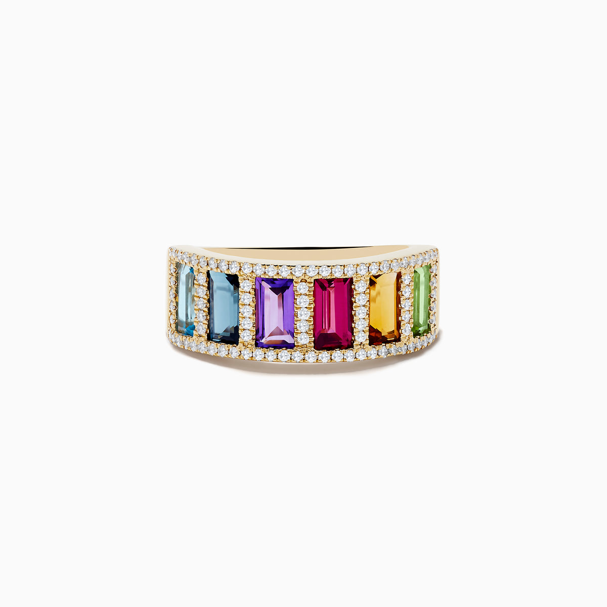 The Mosaic 14K Yellow Gold Multi Gemstone and Diamond Ring showcases six rectangular gems in blue, light blue, purple, pink, orange, and green shades, each framed by sparkling diamonds.