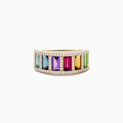 The Mosaic 14K Yellow Gold Multi Gemstone and Diamond Ring showcases six rectangular gems in blue, light blue, purple, pink, orange, and green shades, each framed by sparkling diamonds.