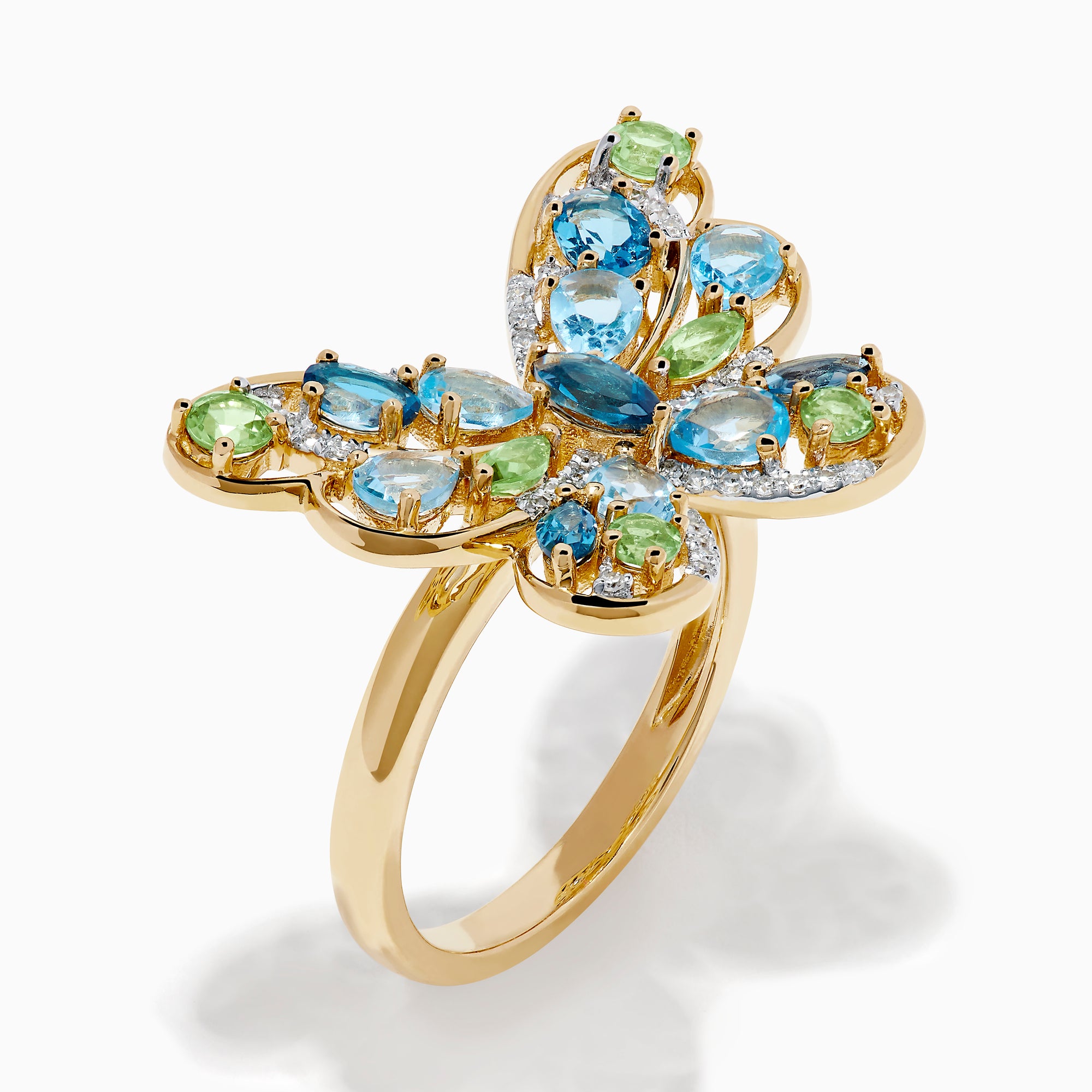 14K Yellow Gold Blue Topaz, Peridot and Diamond Butterfly Ring