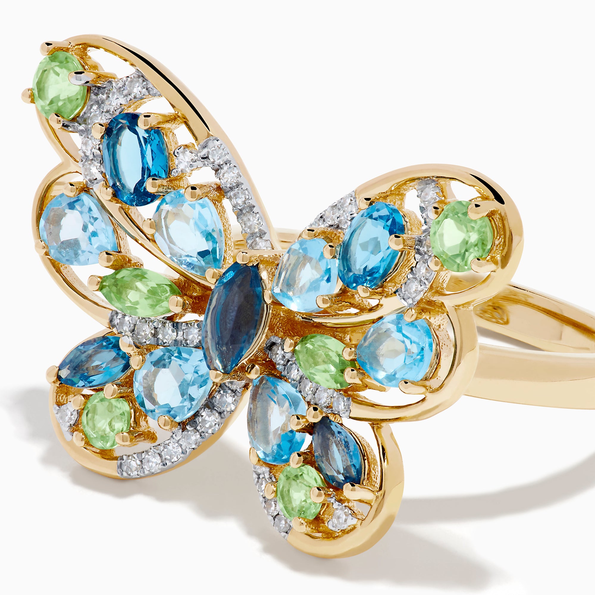 14K Yellow Gold Blue Topaz, Peridot and Diamond Butterfly Ring