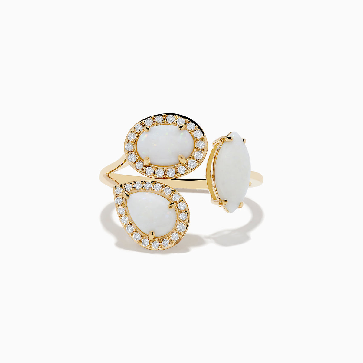 The Aurora 14K Yellow Gold Opal and Diamond Ring features three white gems—two oval and teardrop-shaped stones with diamond halos, plus a sideways marquise-cut opal—displayed on a white background.