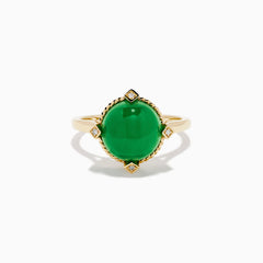 14K Yellow Gold Jade and Diamond Cabochon Compass-Set Ring