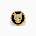 The Signature 14K Yellow Gold Black Onyx, Diamond and Emerald Panther Ring features a sculpted panther head with green emerald eyes and diamond accents set on black onyx with a beaded gold border.