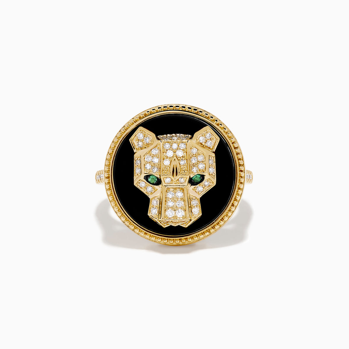 The Signature 14K Yellow Gold Black Onyx, Diamond and Emerald Panther Ring features a sculpted panther head with green emerald eyes and diamond accents set on black onyx with a beaded gold border.