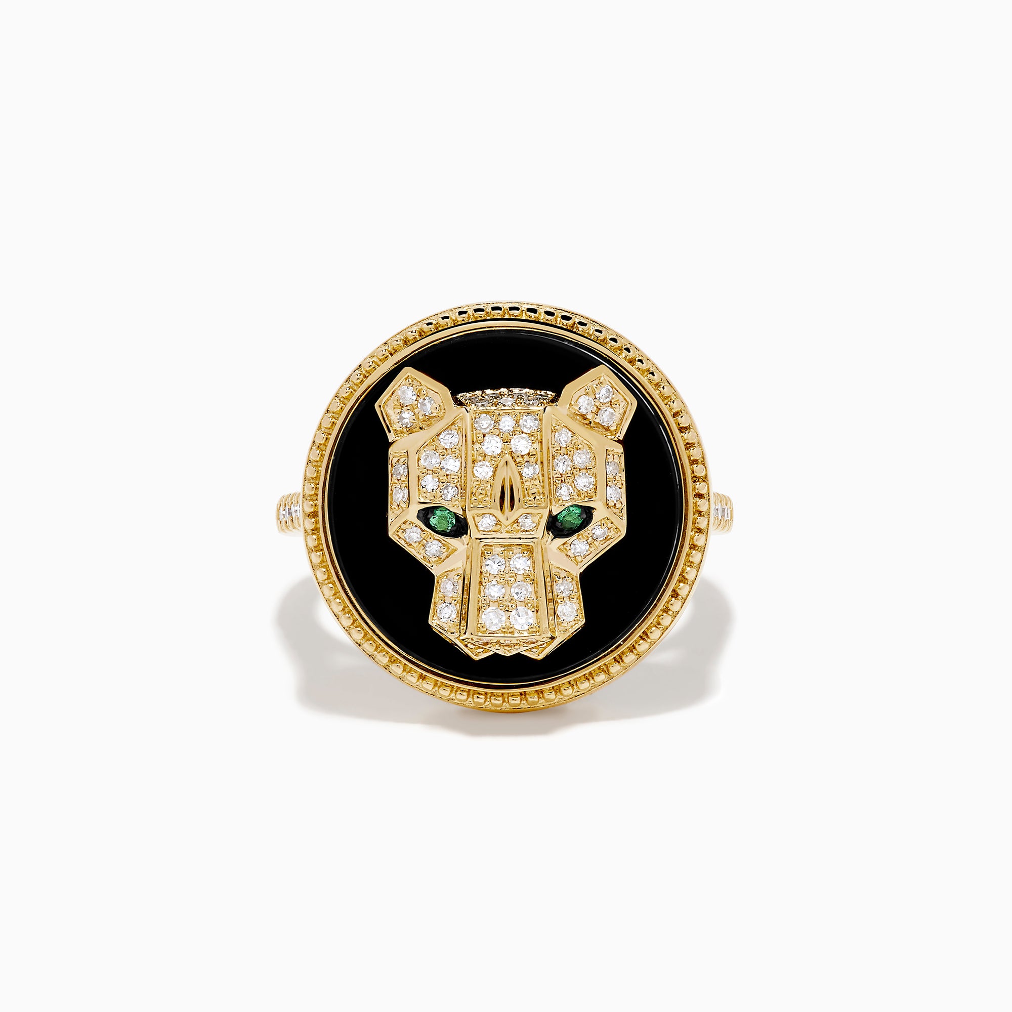 The Signature 14K Yellow Gold Black Onyx, Diamond and Emerald Panther Ring features a sculpted panther head with green emerald eyes and diamond accents set on black onyx with a beaded gold border.