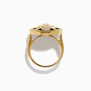 The Signature 14K Yellow Gold Black Onyx, Diamond and Emerald Panther Ring features a sculpted panther head with green emerald eyes and diamond accents set on black onyx with a beaded gold border.