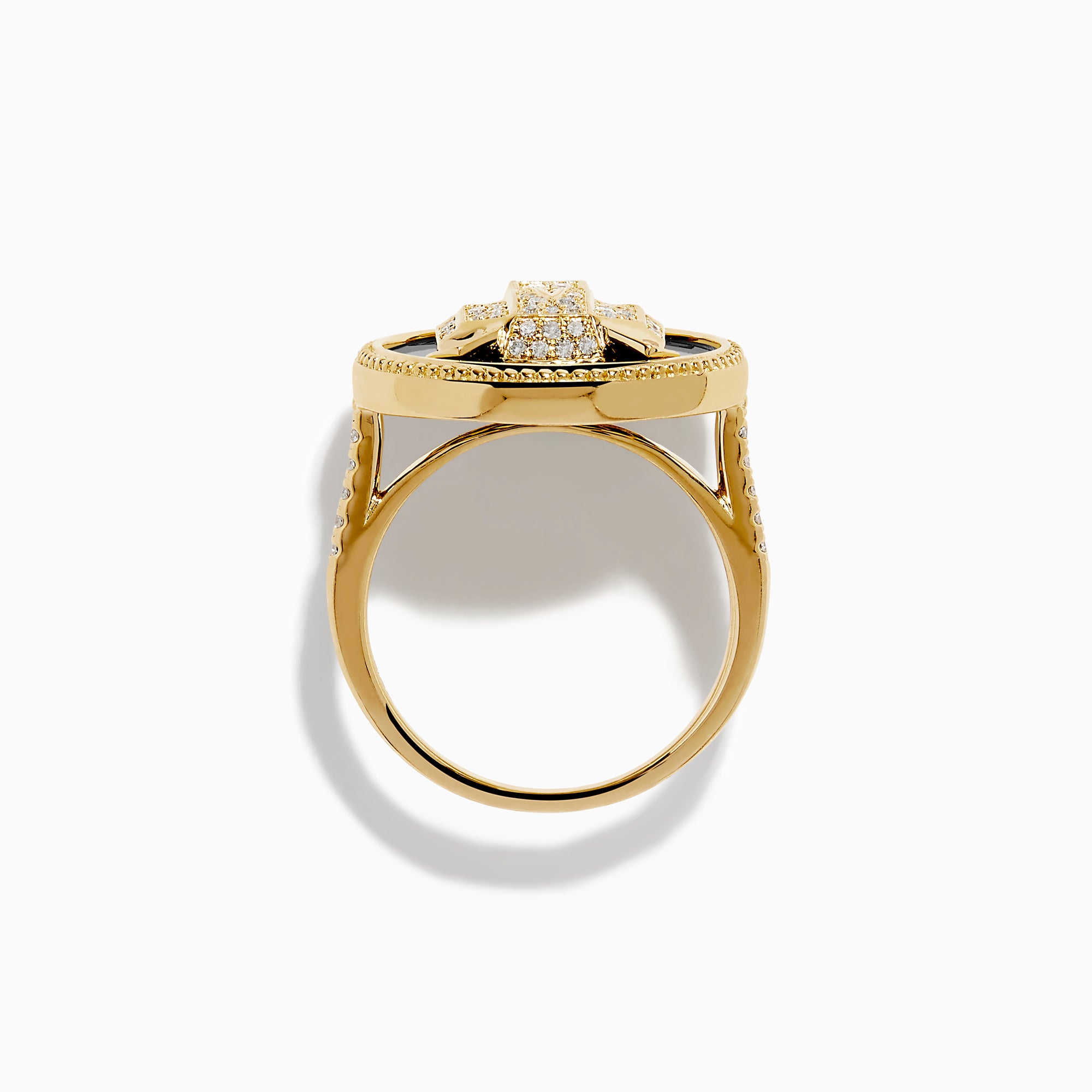 The Signature 14K Yellow Gold Black Onyx, Diamond and Emerald Panther Ring features a sculpted panther head with green emerald eyes and diamond accents set on black onyx with a beaded gold border.