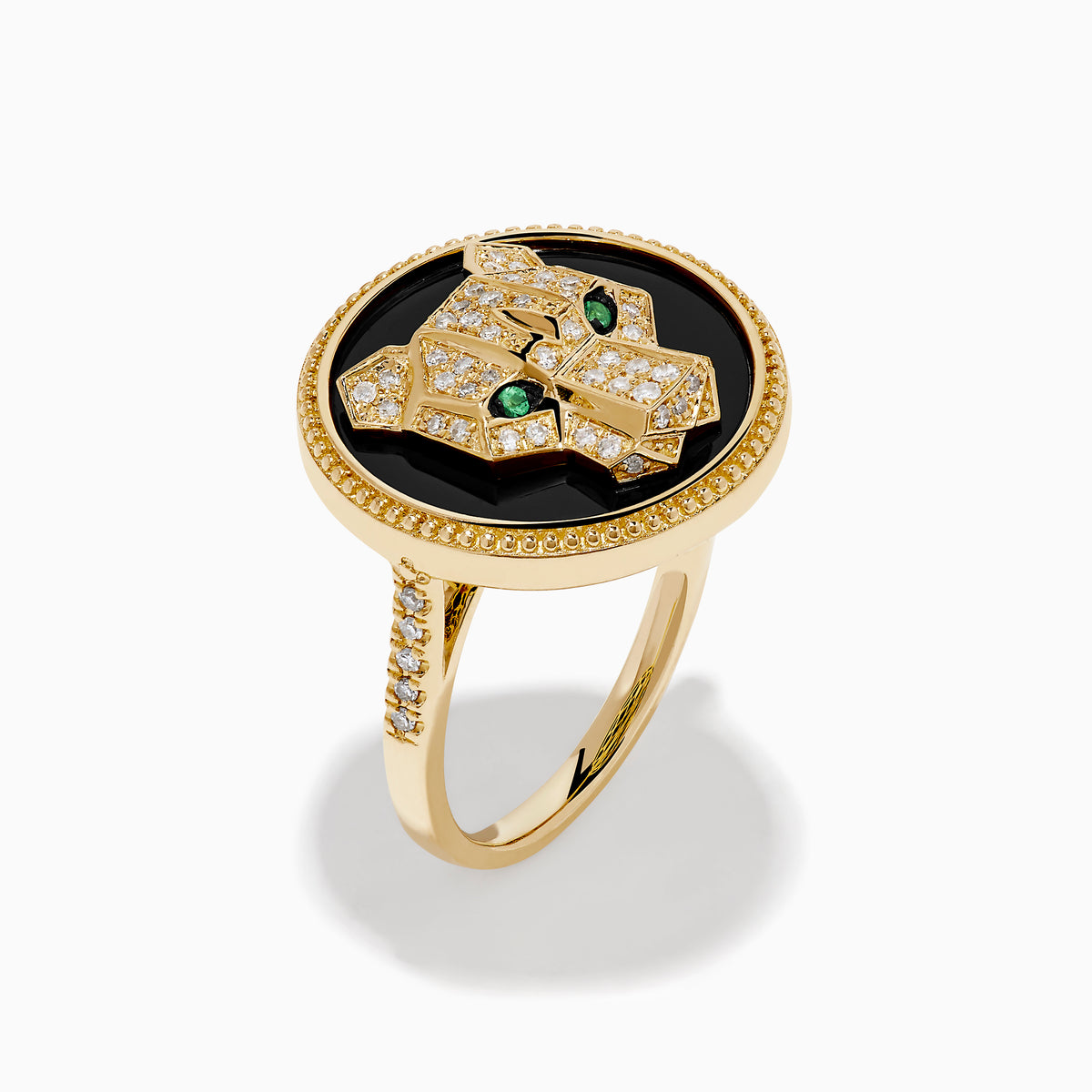 The Signature 14K Yellow Gold Black Onyx, Diamond and Emerald Panther Ring features a sculpted panther head with green emerald eyes and diamond accents set on black onyx with a beaded gold border.