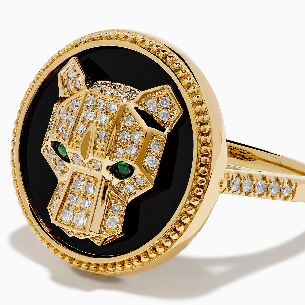 The Signature 14K Yellow Gold Black Onyx, Diamond and Emerald Panther Ring features a sculpted panther head with green emerald eyes and diamond accents set on black onyx with a beaded gold border.