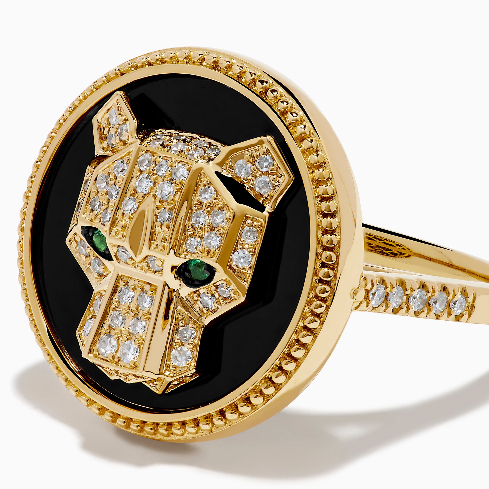 The Signature 14K Yellow Gold Black Onyx, Diamond and Emerald Panther Ring features a sculpted panther head with green emerald eyes and diamond accents set on black onyx with a beaded gold border.