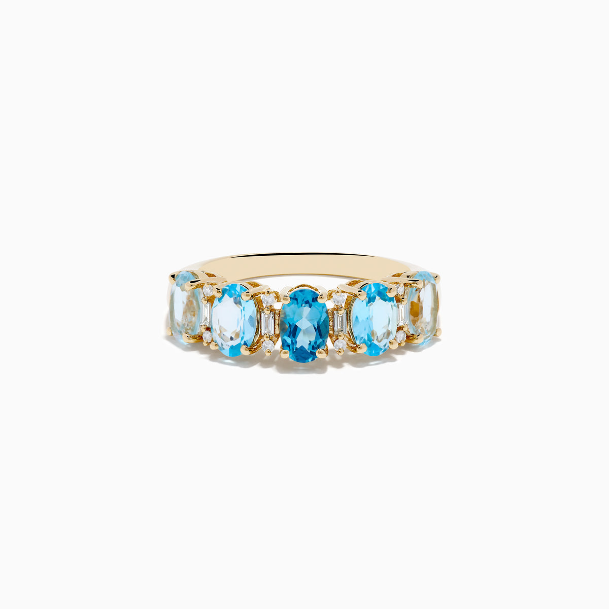 The 14K Yellow Gold London, Sky & Blue Topaz and Diamond Ombre Ring showcases alternating oval-cut blue topaz gemstones with diamonds set in a row along the band, displayed on a plain white background.