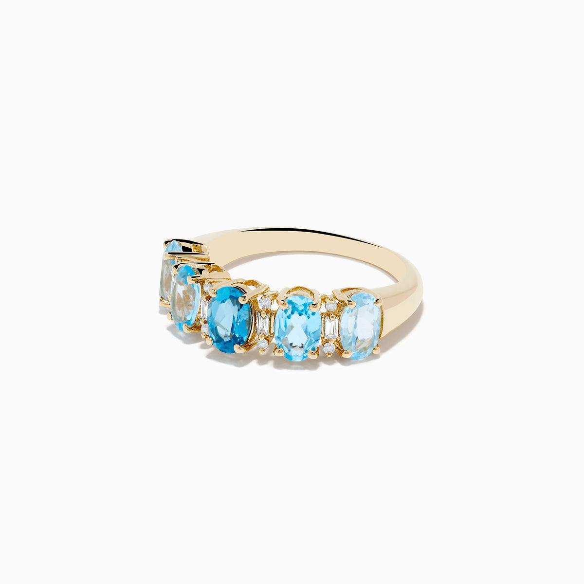The 14K Yellow Gold London, Sky & Blue Topaz and Diamond Ombre Ring showcases alternating oval-cut blue topaz gemstones with diamonds set in a row along the band, displayed on a plain white background.