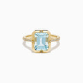 The 14K Yellow Gold Aquamarine and Diamond Bezel Solitaire Ring showcases an emerald-cut light blue aquamarine center stone with diamond accents on the band, displayed against a white background.