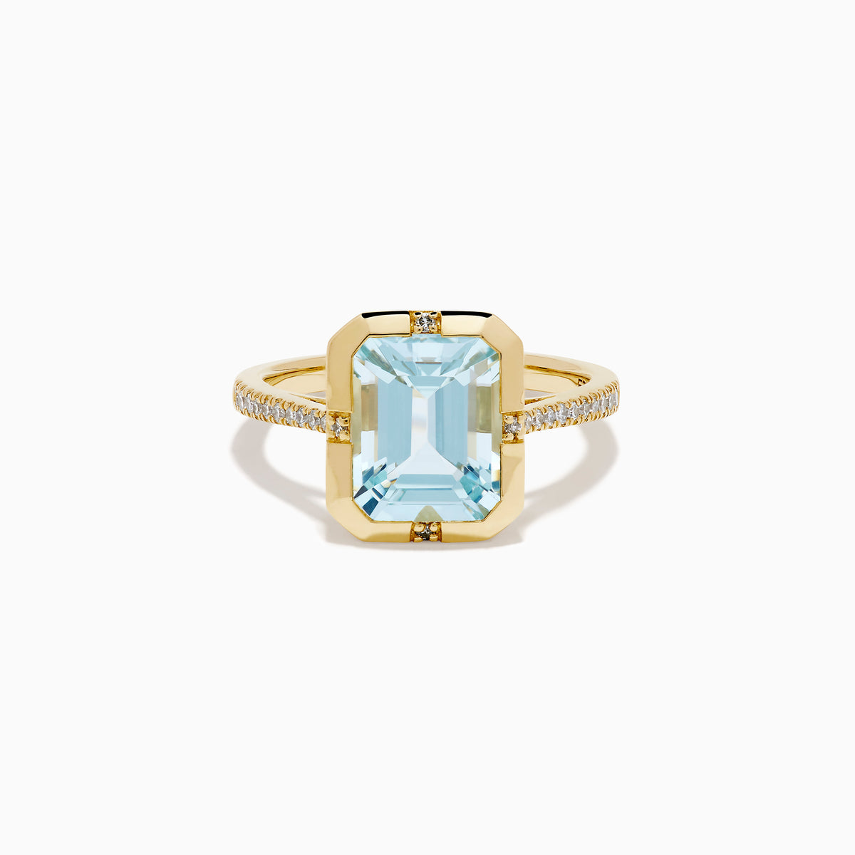 The 14K Yellow Gold Aquamarine and Diamond Bezel Solitaire Ring showcases an emerald-cut light blue aquamarine center stone with diamond accents on the band, displayed against a white background.