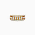 The 14K Yellow Gold Pearl and Diamond Ring features a center row of lustrous pearls bordered by two rows of sparkling diamonds.