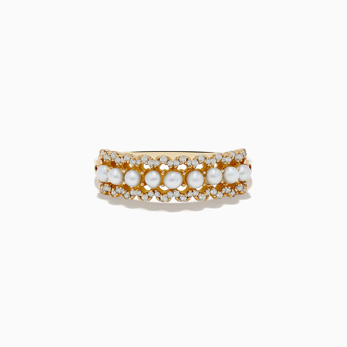 The 14K Yellow Gold Pearl and Diamond Ring features a center row of lustrous pearls bordered by two rows of sparkling diamonds.