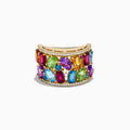 The Mosaic 14K Yellow Gold Multi Gemstone and Diamond Ring features vibrant gemstones in assorted shapes, accented by sparkling diamonds, all set on a broad yellow gold band—an eye-catching piece for any occasion.
