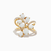 Aurora 14K Yellow Gold Opal and Diamond Ring features a bow design adorned with diamonds and six white teardrop-shaped opals, set in 14K yellow gold, displayed against a white background.
