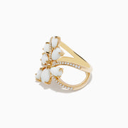 Aurora 14K Yellow Gold Opal and Diamond Ring features a bow design adorned with diamonds and six white teardrop-shaped opals, set in 14K yellow gold, displayed against a white background.